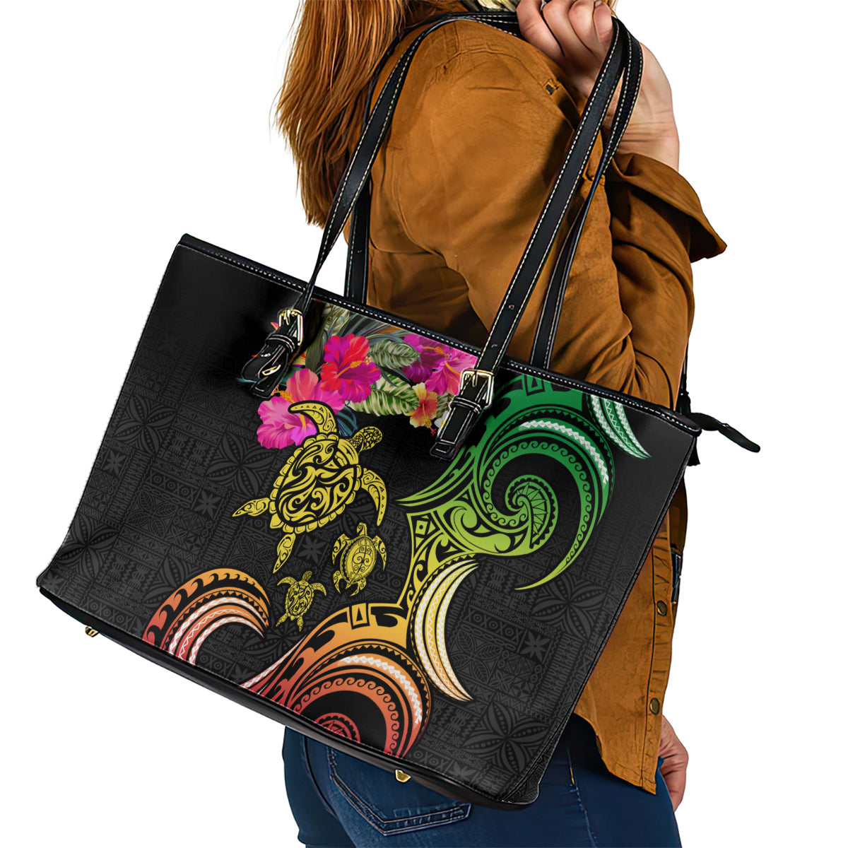 Hawaii Turtle Day Leather Tote Bag Polynesian Tattoo and Hibiscus Flowers LT03 - Polynesian Pride