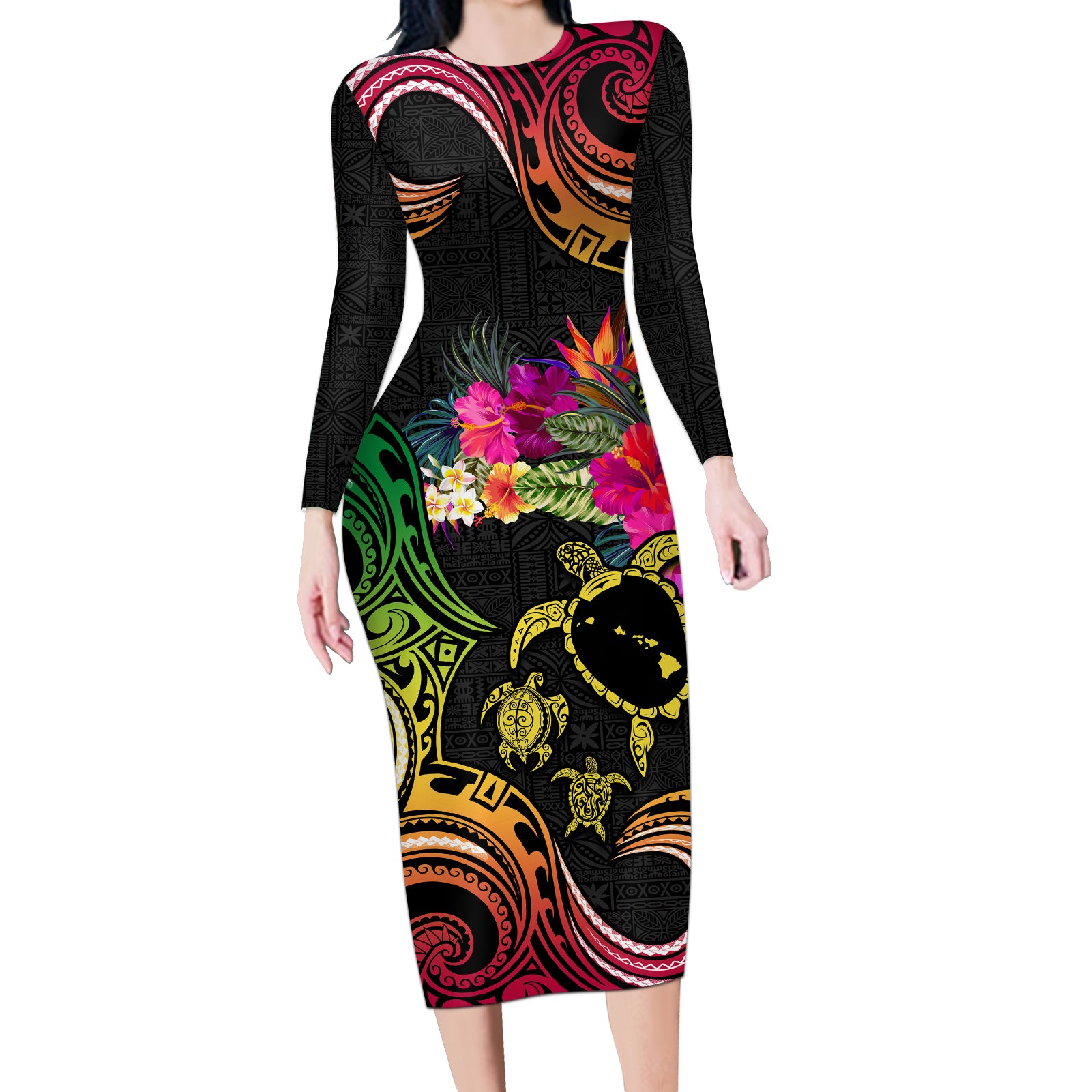 Hawaii Turtle Day Long Sleeve Bodycon Dress Polynesian Tattoo and Hibiscus Flowers