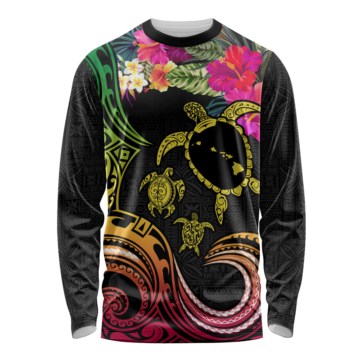 Hawaii Turtle Day Long Sleeve Shirt Polynesian Tattoo and Hibiscus Flowers