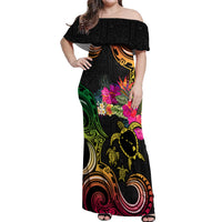 Hawaii Turtle Day Off Shoulder Maxi Dress Polynesian Tattoo and Hibiscus Flowers LT03 Women Black - Polynesian Pride
