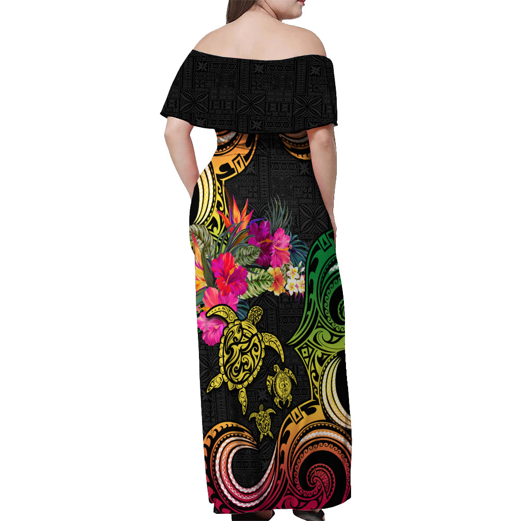 Hawaii Turtle Day Off Shoulder Maxi Dress Polynesian Tattoo and Hibiscus Flowers LT03 - Polynesian Pride