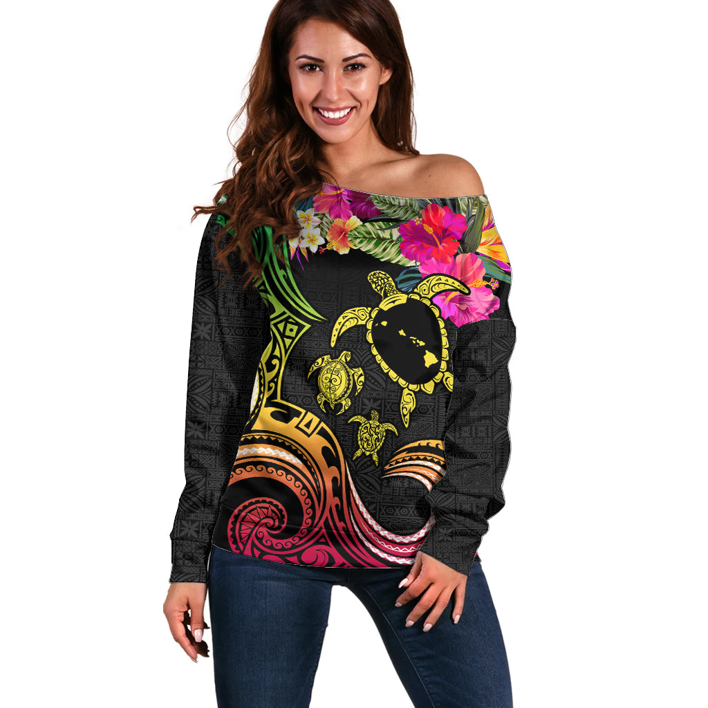 Hawaii Turtle Day Off Shoulder Sweater Polynesian Tattoo and Hibiscus Flowers