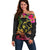 Hawaii Turtle Day Off Shoulder Sweater Polynesian Tattoo and Hibiscus Flowers