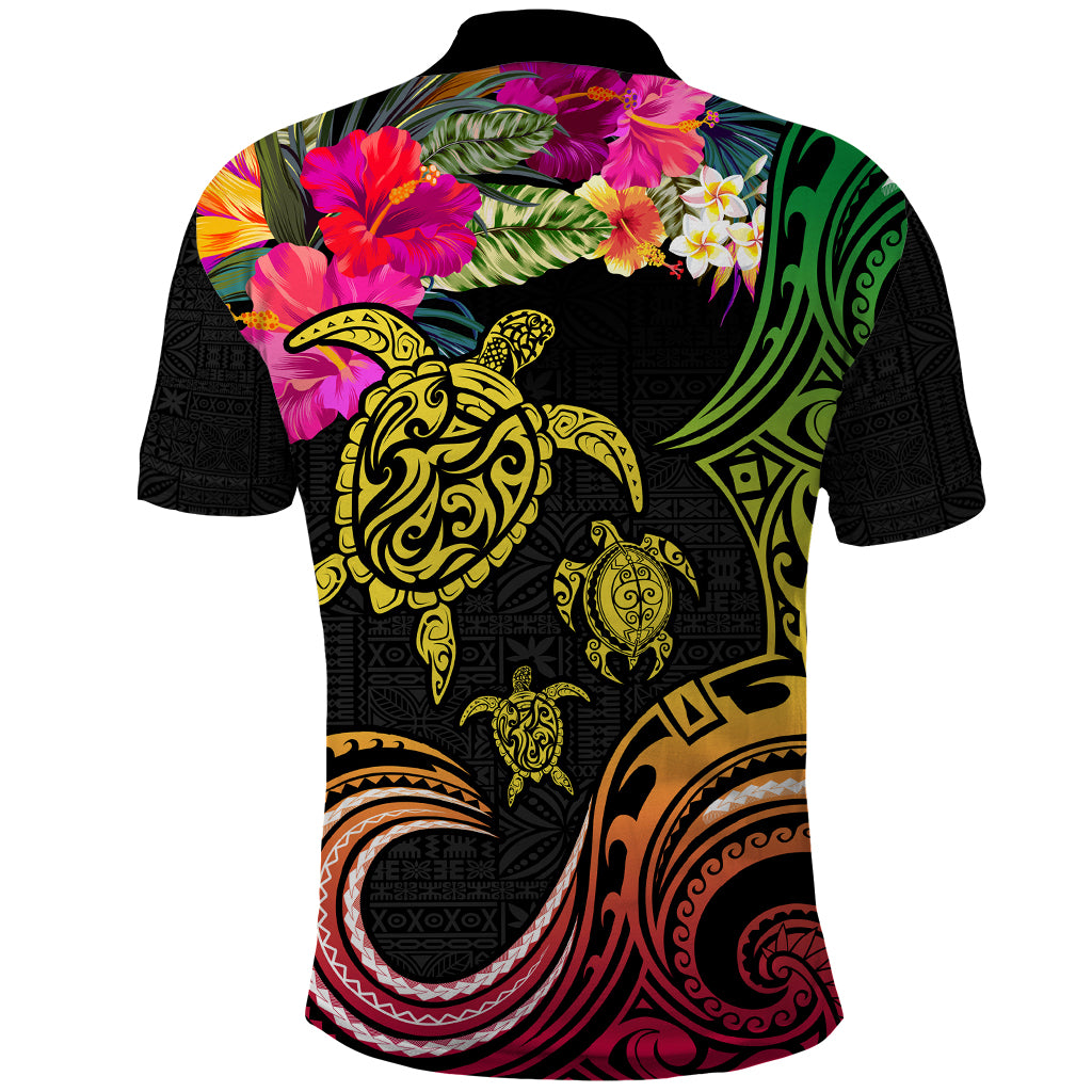 Hawaii Turtle Day Polo Shirt Polynesian Tattoo and Hibiscus Flowers