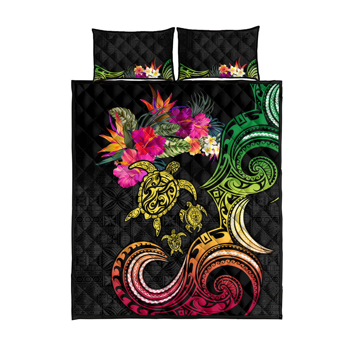 Hawaii Turtle Day Quilt Bed Set Polynesian Tattoo and Hibiscus Flowers LT03 - Polynesian Pride