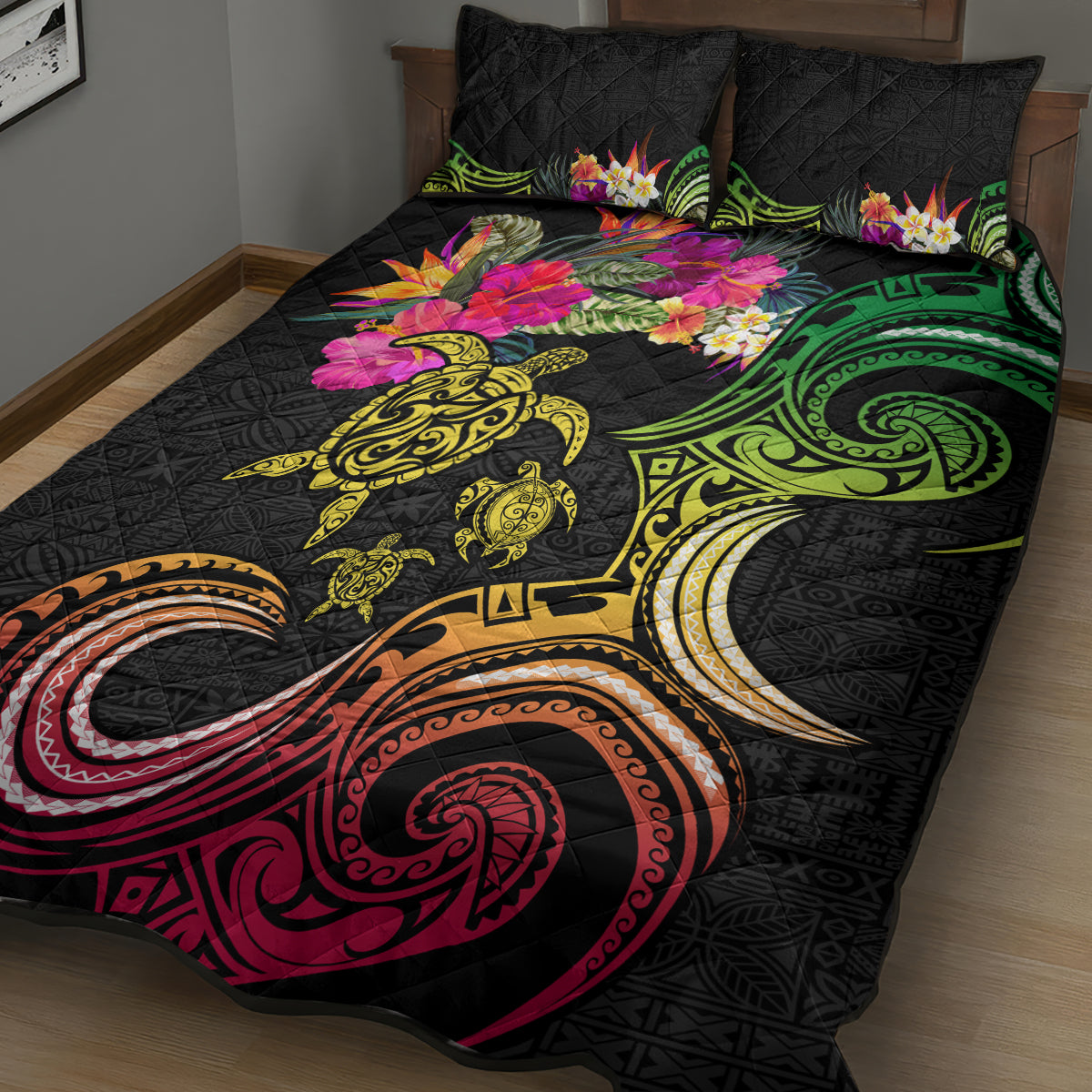 Hawaii Turtle Day Quilt Bed Set Polynesian Tattoo and Hibiscus Flowers LT03 - Polynesian Pride