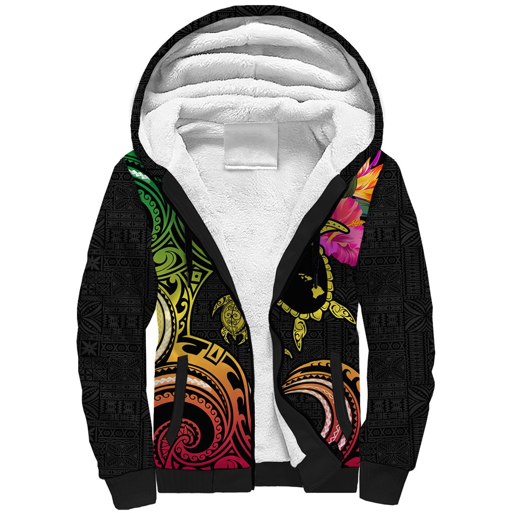 Hawaii Turtle Day Sherpa Hoodie Polynesian Tattoo and Hibiscus Flowers LT03 Unisex Black - Polynesian Pride