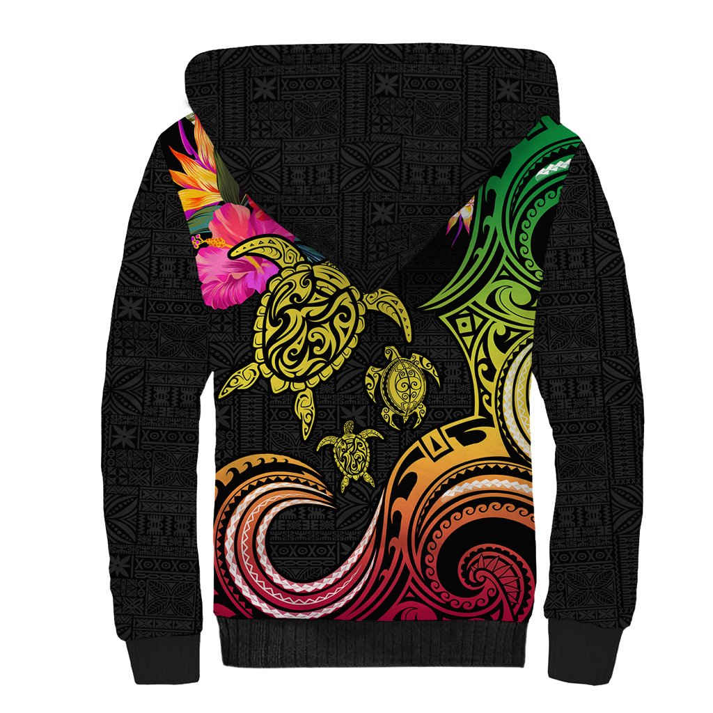 Hawaii Turtle Day Sherpa Hoodie Polynesian Tattoo and Hibiscus Flowers LT03 - Polynesian Pride