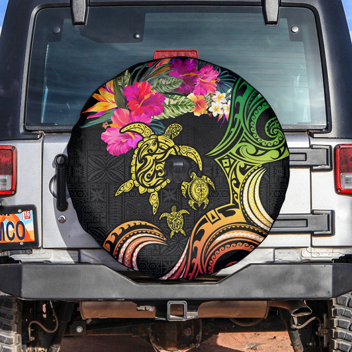 Hawaii Turtle Day Spare Tire Cover Polynesian Tattoo and Hibiscus Flowers LT03 Black - Polynesian Pride