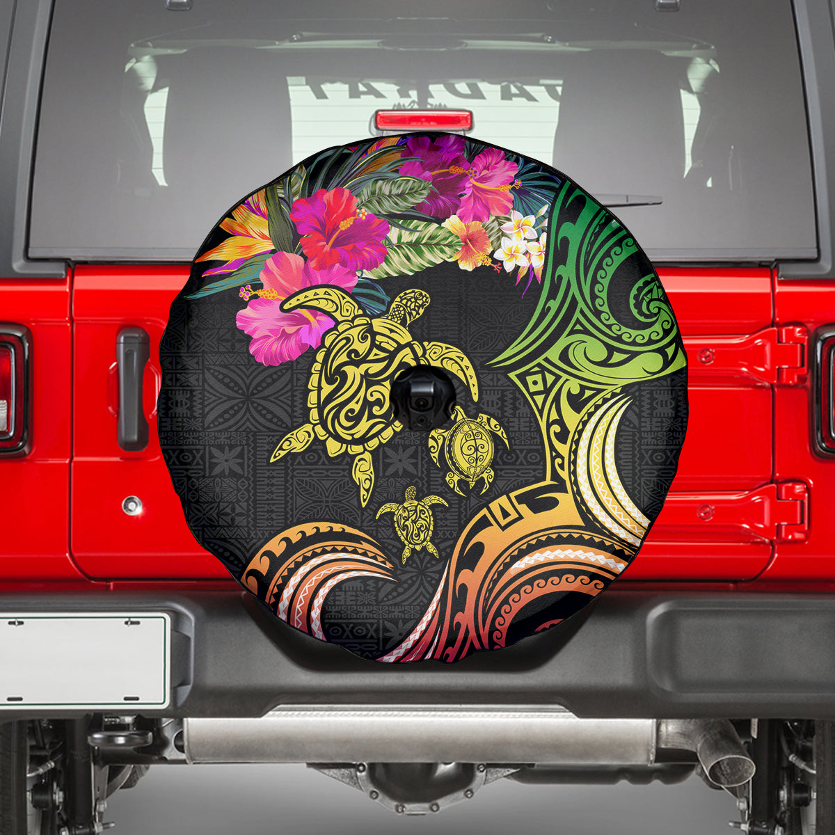 Hawaii Turtle Day Spare Tire Cover Polynesian Tattoo and Hibiscus Flowers LT03 - Polynesian Pride