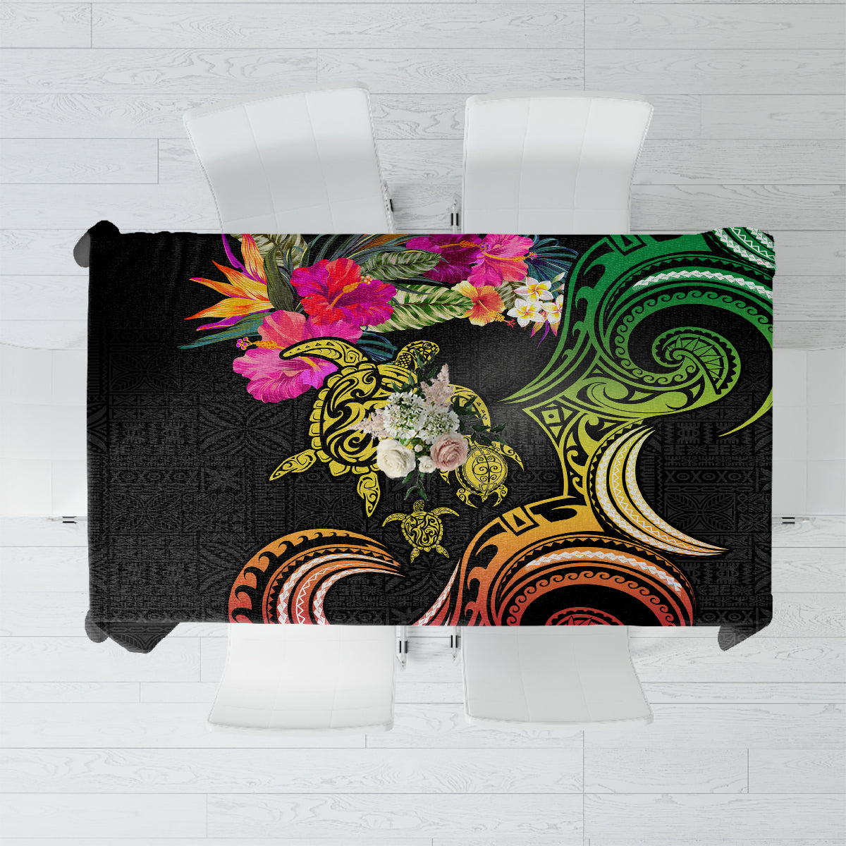 Hawaii Turtle Day Tablecloth Polynesian Tattoo and Hibiscus Flowers LT03 Black - Polynesian Pride