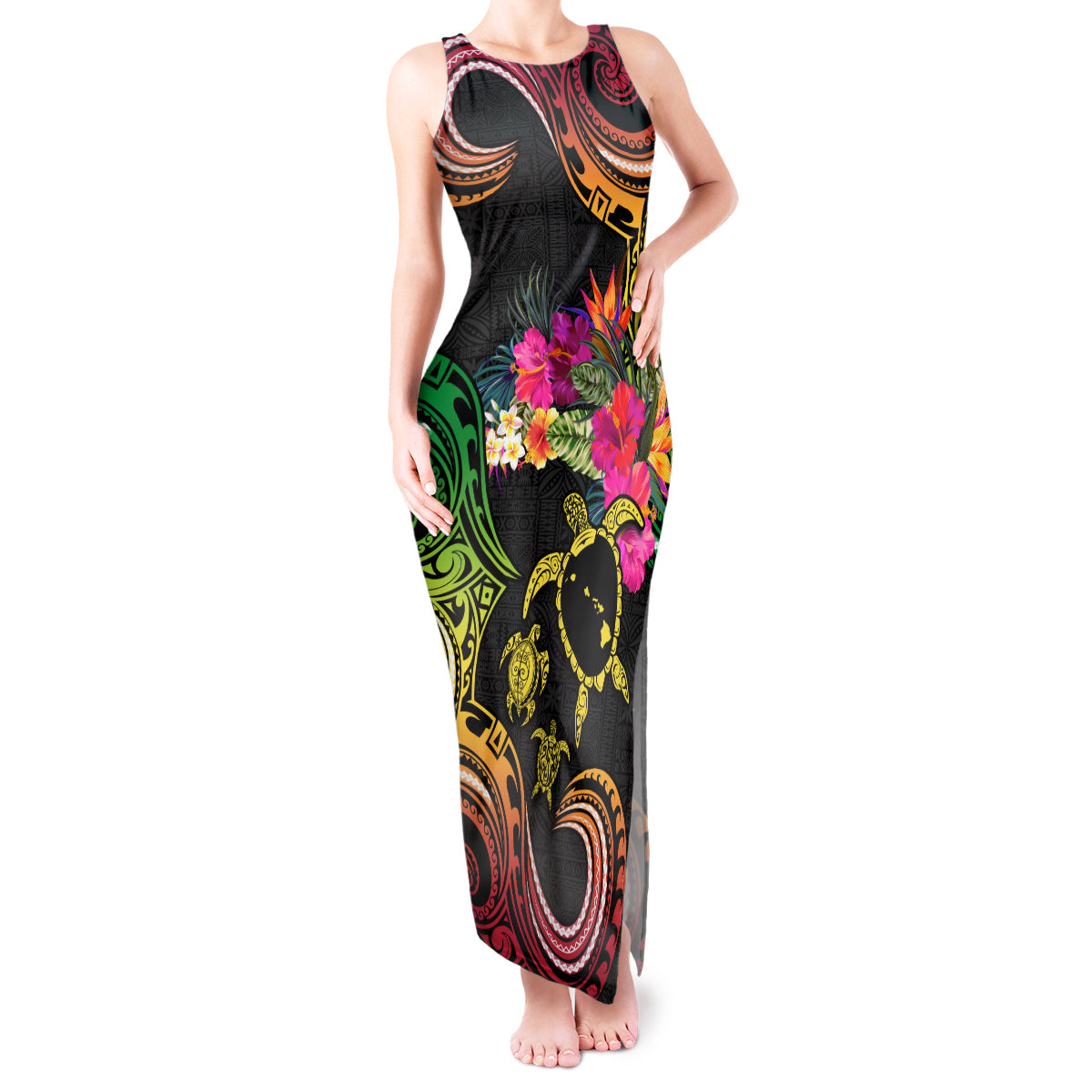 Hawaii Turtle Day Tank Maxi Dress Polynesian Tattoo and Hibiscus Flowers