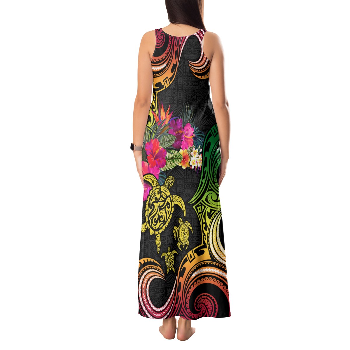 Hawaii Turtle Day Tank Maxi Dress Polynesian Tattoo and Hibiscus Flowers LT03 - Polynesian Pride
