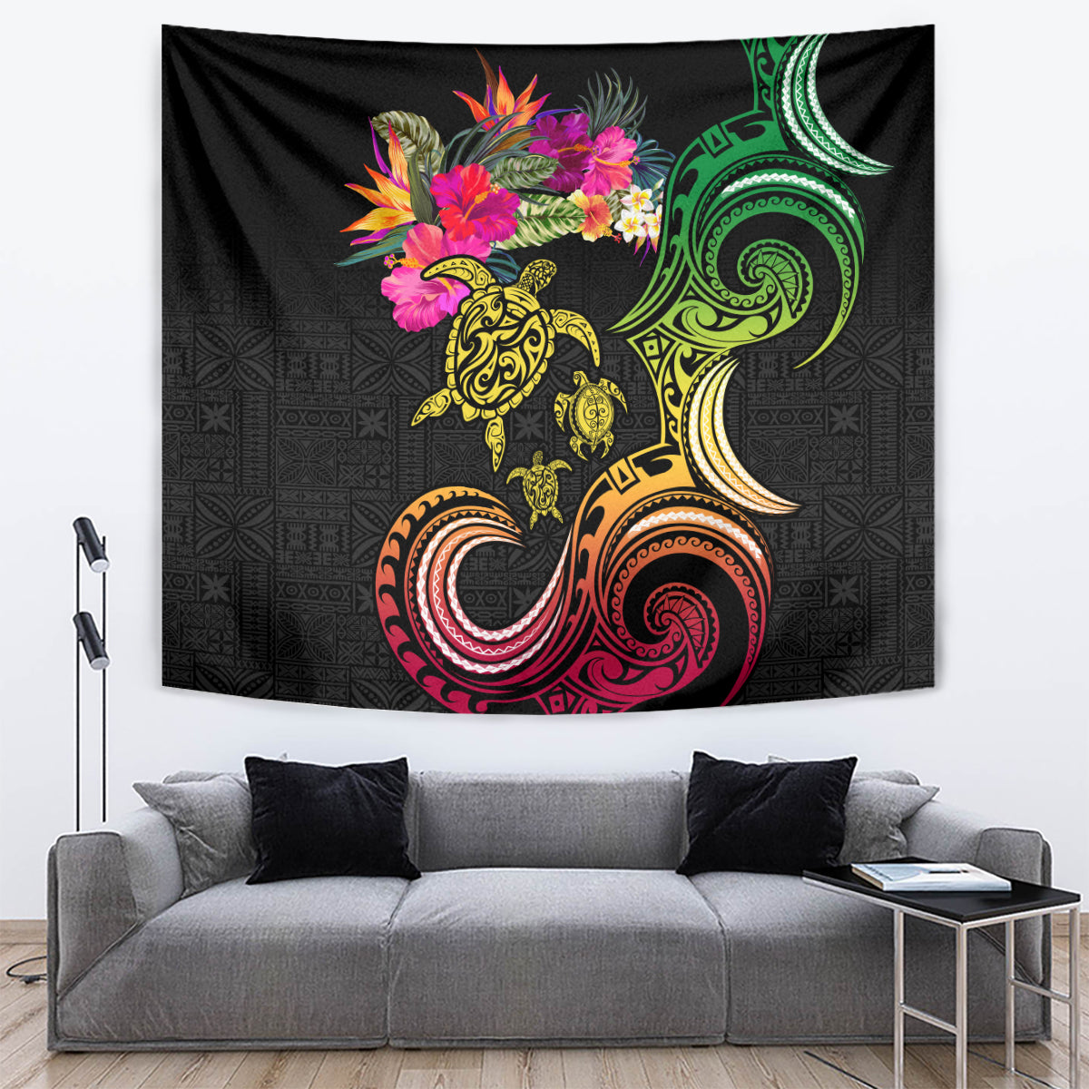 Hawaii Turtle Day Tapestry Polynesian Tattoo and Hibiscus Flowers LT03 Black - Polynesian Pride