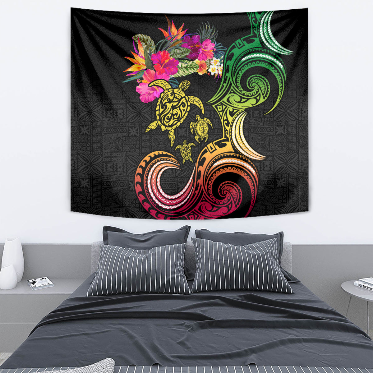 Hawaii Turtle Day Tapestry Polynesian Tattoo and Hibiscus Flowers LT03 - Polynesian Pride