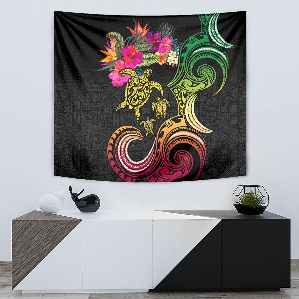 Hawaii Turtle Day Tapestry Polynesian Tattoo and Hibiscus Flowers LT03 - Polynesian Pride