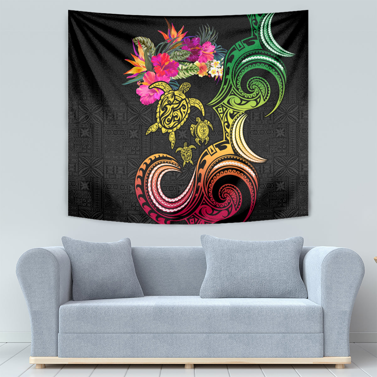 Hawaii Turtle Day Tapestry Polynesian Tattoo and Hibiscus Flowers LT03 - Polynesian Pride
