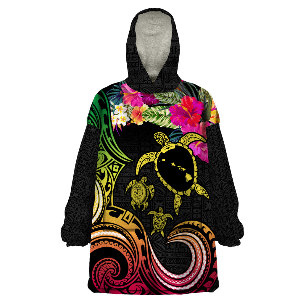 Hawaii Turtle Day Wearable Blanket Hoodie Polynesian Tattoo and Hibiscus Flowers