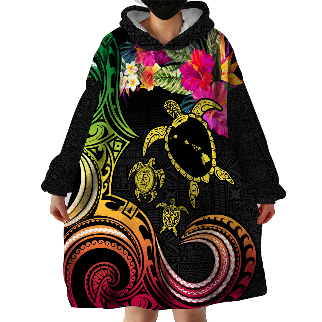Hawaii Turtle Day Wearable Blanket Hoodie Polynesian Tattoo and Hibiscus Flowers LT03 - Polynesian Pride