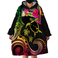 Hawaii Turtle Day Wearable Blanket Hoodie Polynesian Tattoo and Hibiscus Flowers LT03 - Polynesian Pride