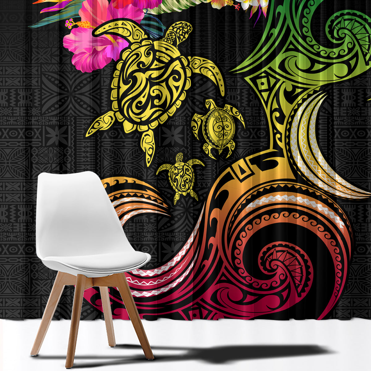 Hawaii Turtle Day Window Curtain Polynesian Tattoo and Hibiscus Flowers LT03 - Polynesian Pride