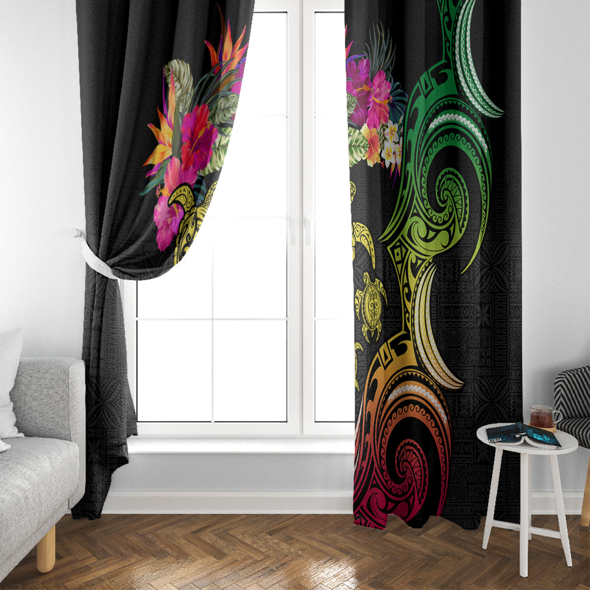 Hawaii Turtle Day Window Curtain Polynesian Tattoo and Hibiscus Flowers LT03 - Polynesian Pride