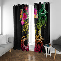 Hawaii Turtle Day Window Curtain Polynesian Tattoo and Hibiscus Flowers LT03 With Grommets Black - Polynesian Pride