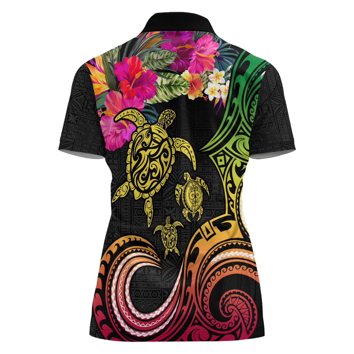 Hawaii Turtle Day Women Polo Shirt Polynesian Tattoo and Hibiscus Flowers