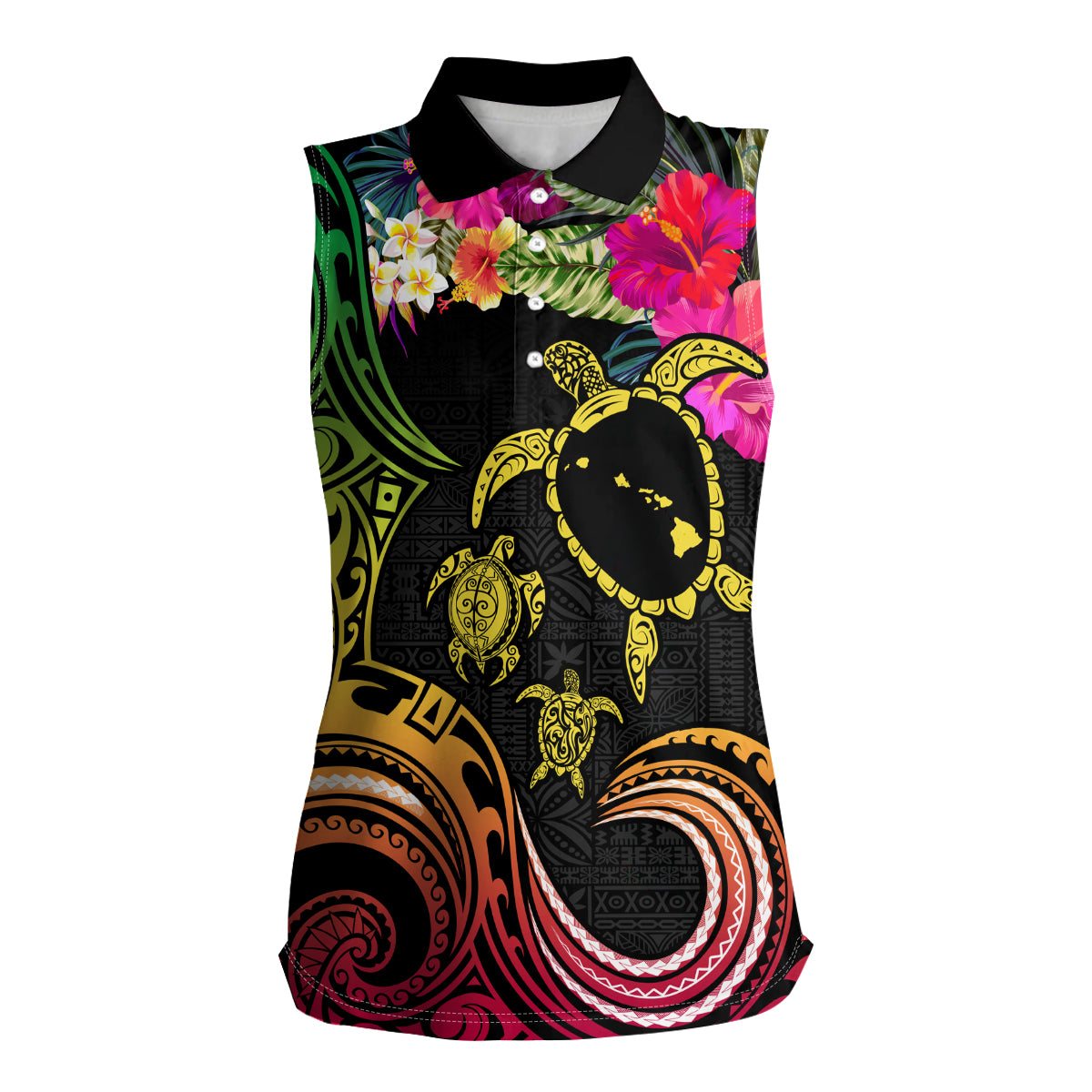 Hawaii Turtle Day Women Sleeveless Polo Shirt Polynesian Tattoo and Hibiscus Flowers