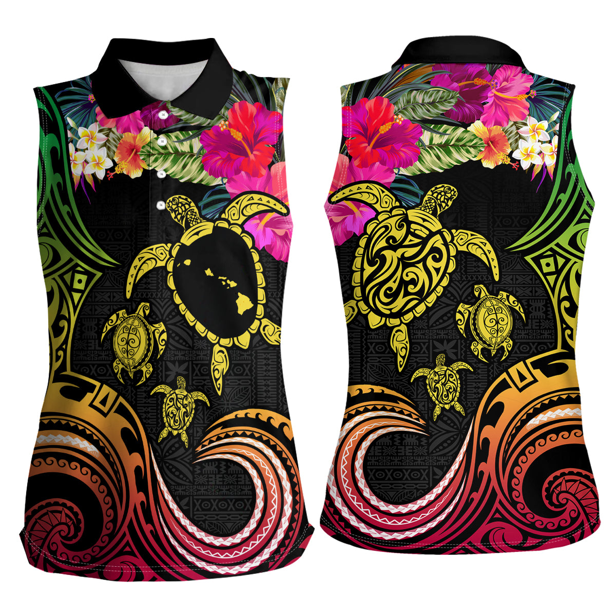 Hawaii Turtle Day Women Sleeveless Polo Shirt Polynesian Tattoo and Hibiscus Flowers