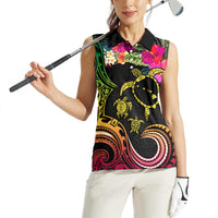 Hawaii Turtle Day Women Sleeveless Polo Shirt Polynesian Tattoo and Hibiscus Flowers