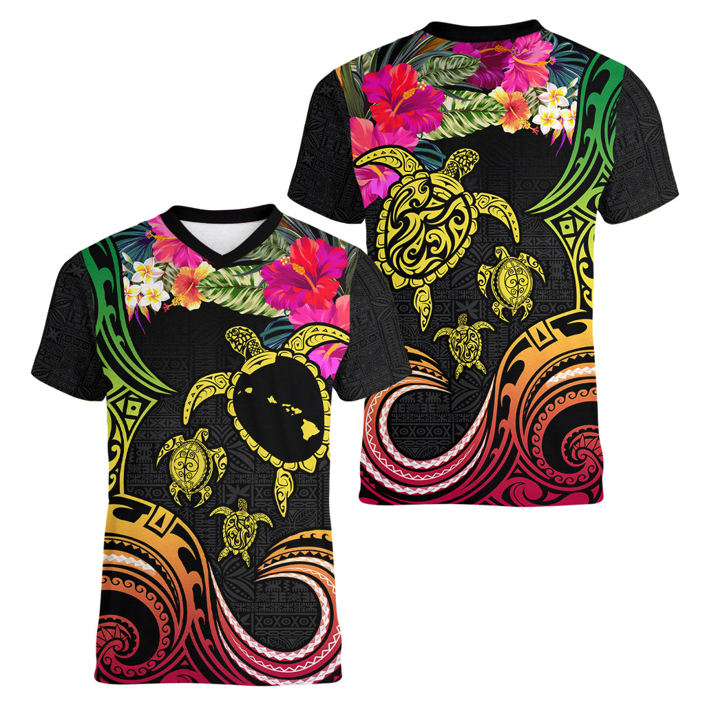 Hawaii Turtle Day Women V-Neck T-Shirt Polynesian Tattoo and Hibiscus Flowers
