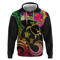 Hawaii Turtle Day Zip Hoodie Polynesian Tattoo and Hibiscus Flowers