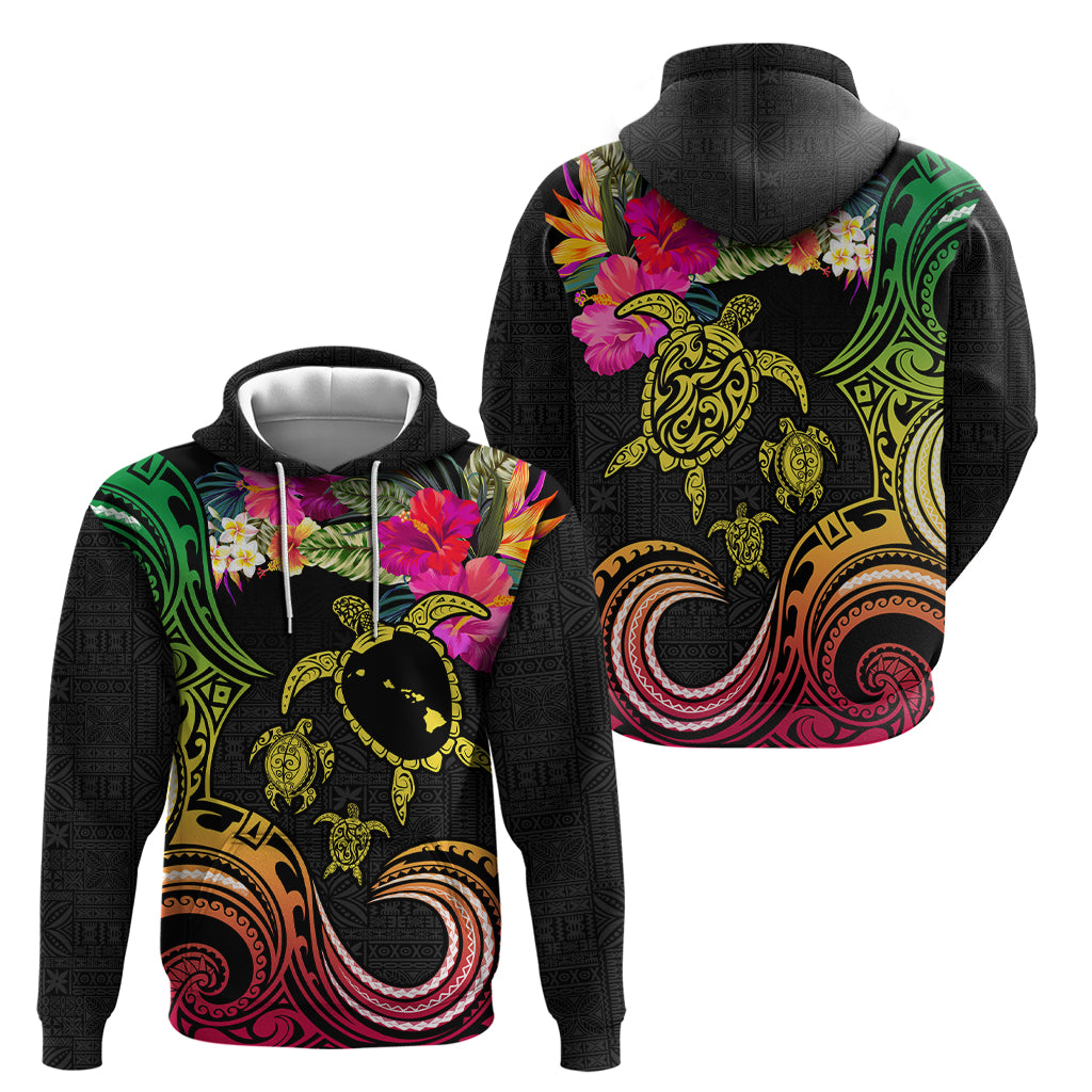 Hawaii Turtle Day Zip Hoodie Polynesian Tattoo and Hibiscus Flowers