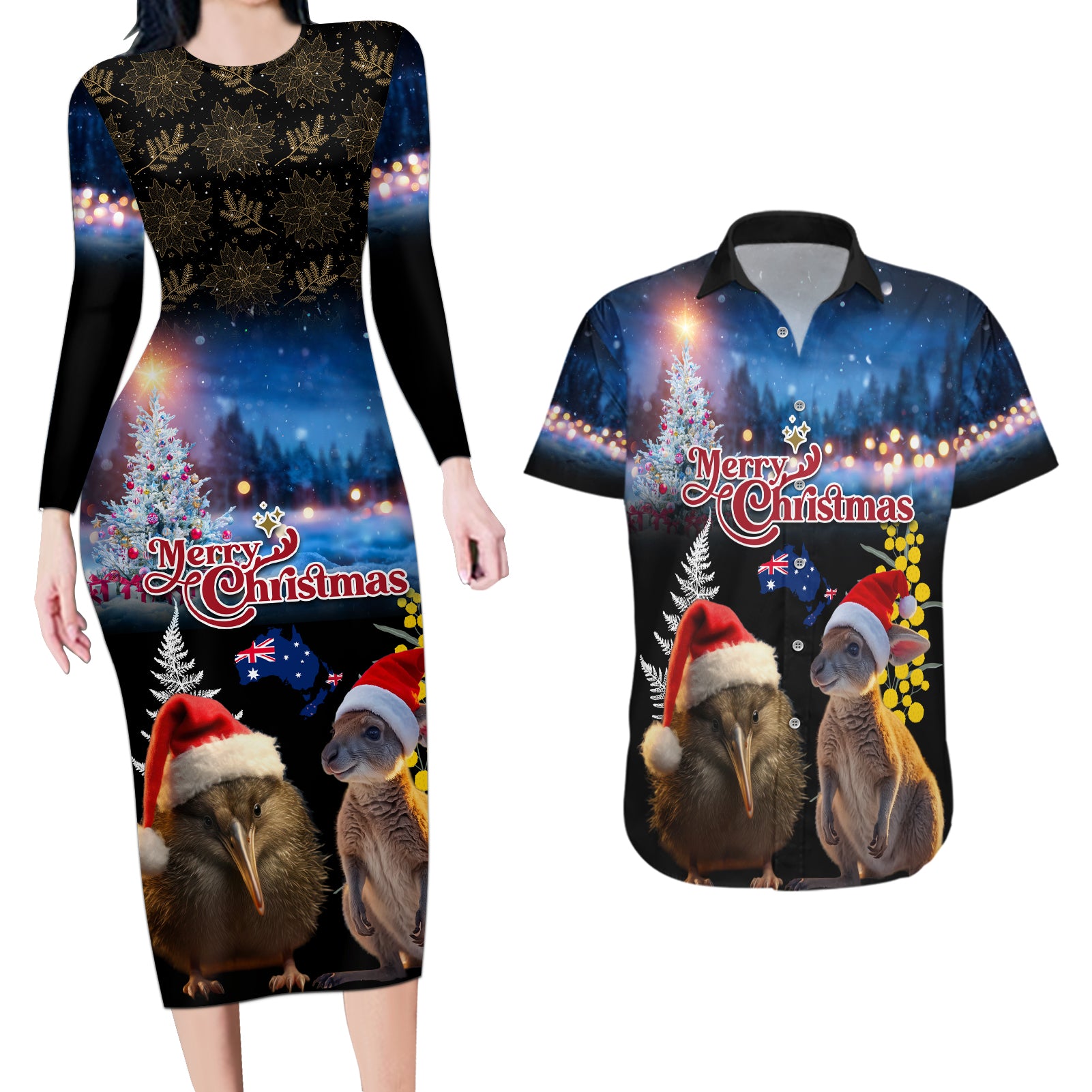 New Zealand and Australia Merry Christmas Couples Matching Long Sleeve Bodycon Dress and Hawaiian Shirt Kiwi Bird and Kangaroo Xmas Vibe