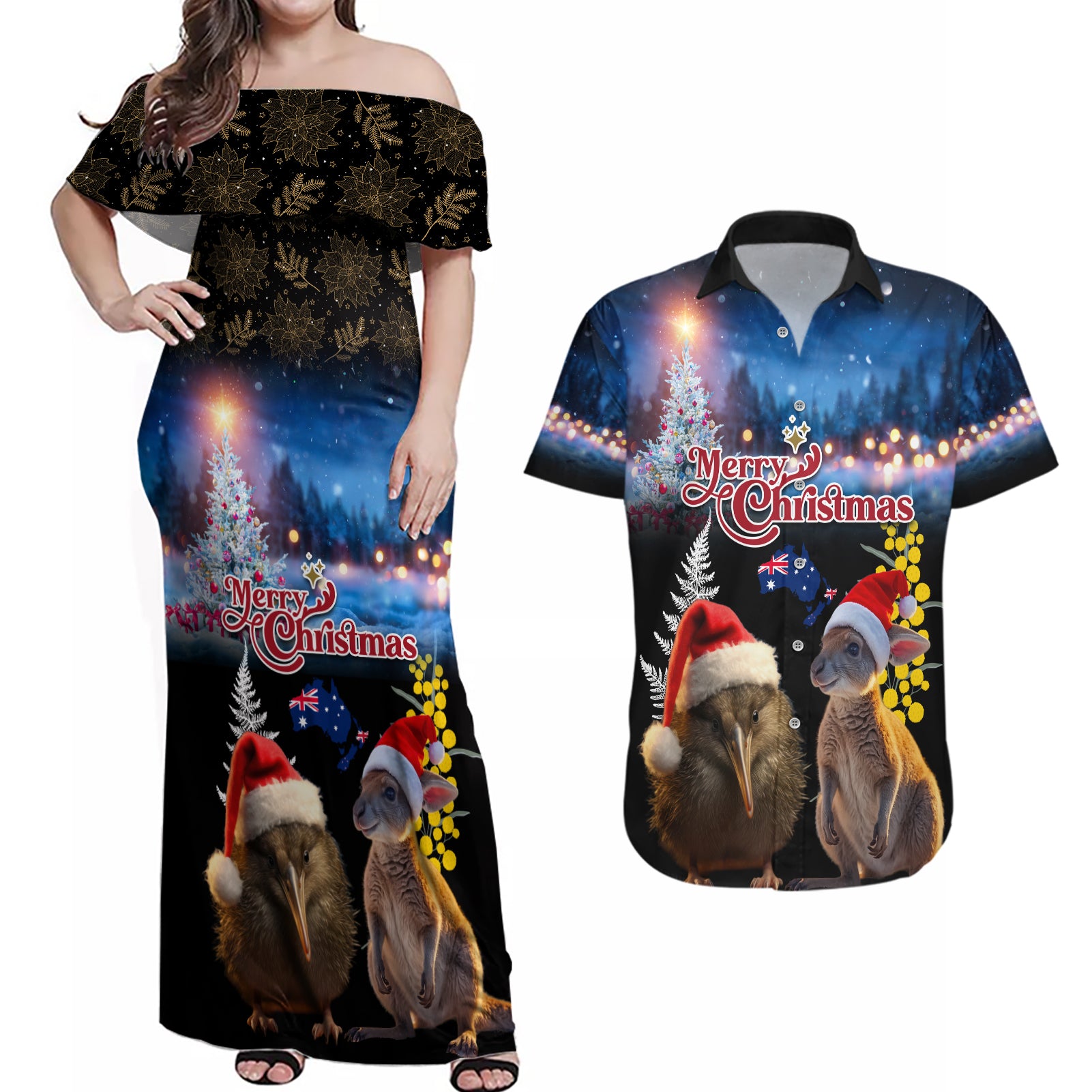 New Zealand and Australia Merry Christmas Couples Matching Off Shoulder Maxi Dress and Hawaiian Shirt Kiwi Bird and Kangaroo Xmas Vibe