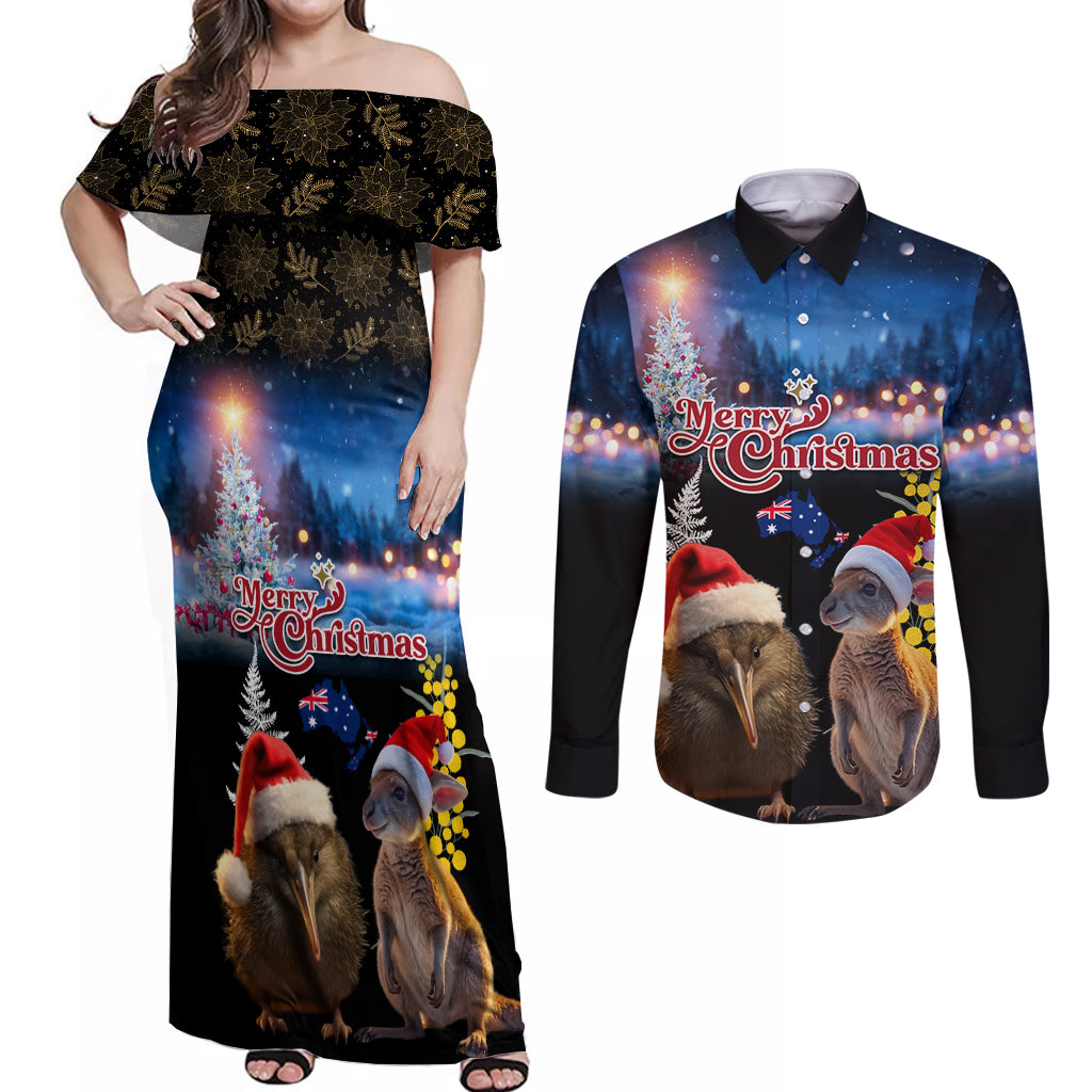 New Zealand and Australia Merry Christmas Couples Matching Off Shoulder Maxi Dress and Long Sleeve Button Shirt Kiwi Bird and Kangaroo Xmas Vibe