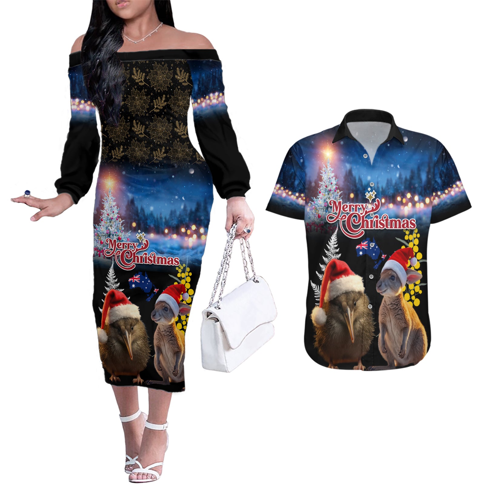 New Zealand and Australia Merry Christmas Couples Matching Off The Shoulder Long Sleeve Dress and Hawaiian Shirt Kiwi Bird and Kangaroo Xmas Vibe