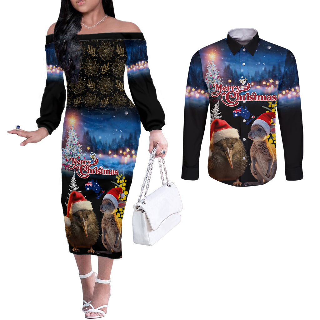 New Zealand and Australia Merry Christmas Couples Matching Off The Shoulder Long Sleeve Dress and Long Sleeve Button Shirt Kiwi Bird and Kangaroo Xmas Vibe