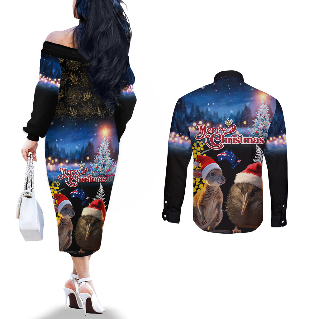 New Zealand and Australia Merry Christmas Couples Matching Off The Shoulder Long Sleeve Dress and Long Sleeve Button Shirt Kiwi Bird and Kangaroo Xmas Vibe