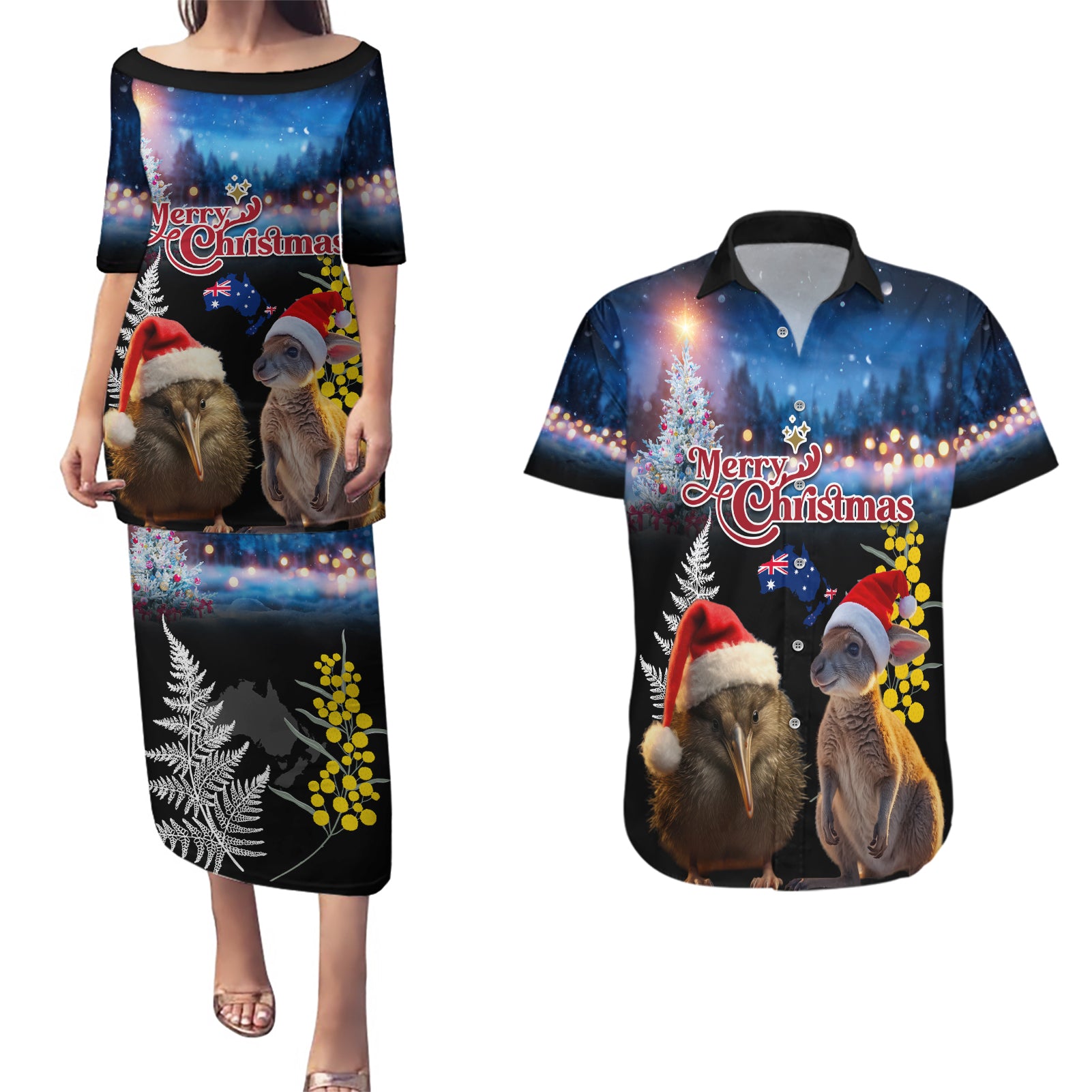 New Zealand and Australia Merry Christmas Couples Matching Puletasi and Hawaiian Shirt Kiwi Bird and Kangaroo Xmas Vibe