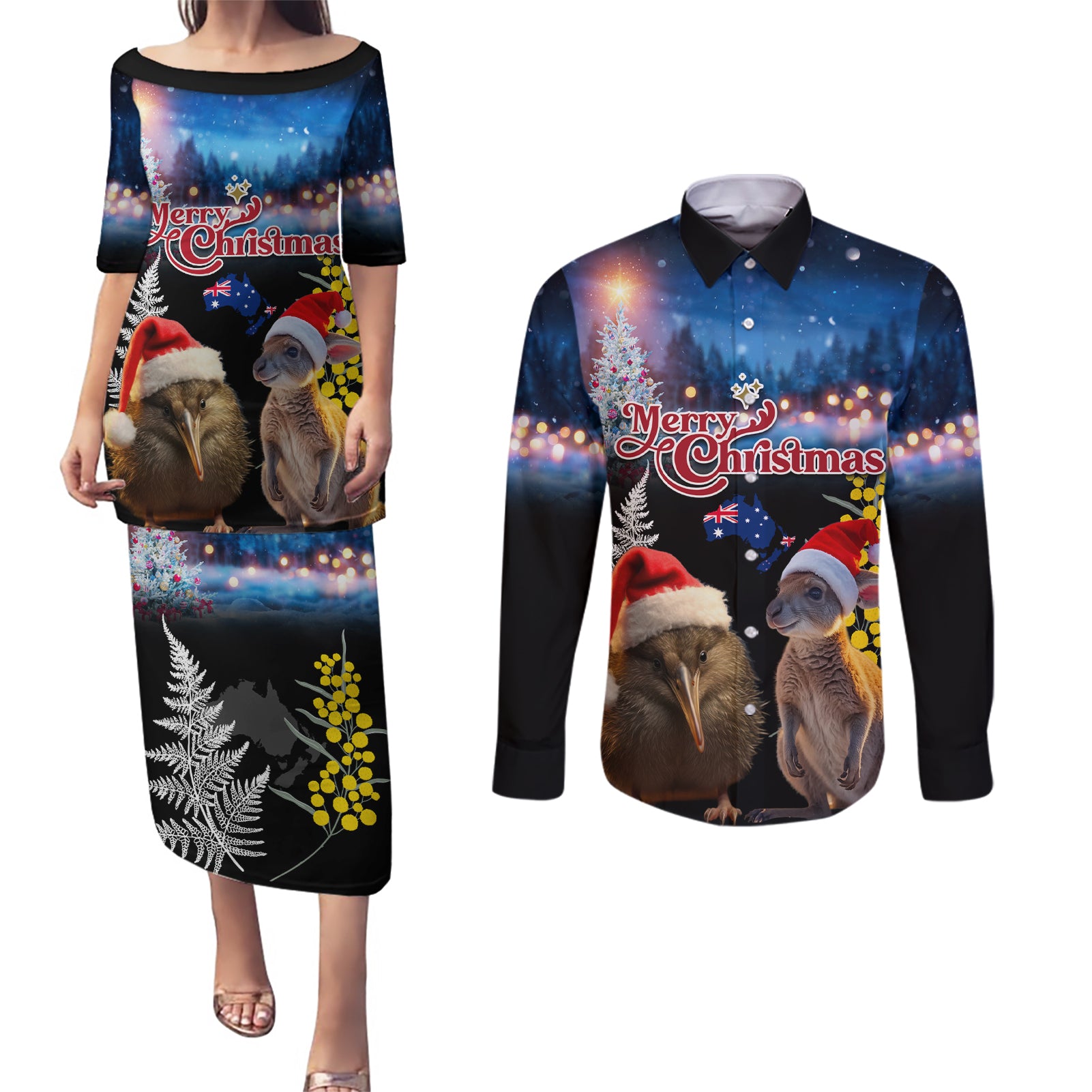 New Zealand and Australia Merry Christmas Couples Matching Puletasi and Long Sleeve Button Shirt Kiwi Bird and Kangaroo Xmas Vibe