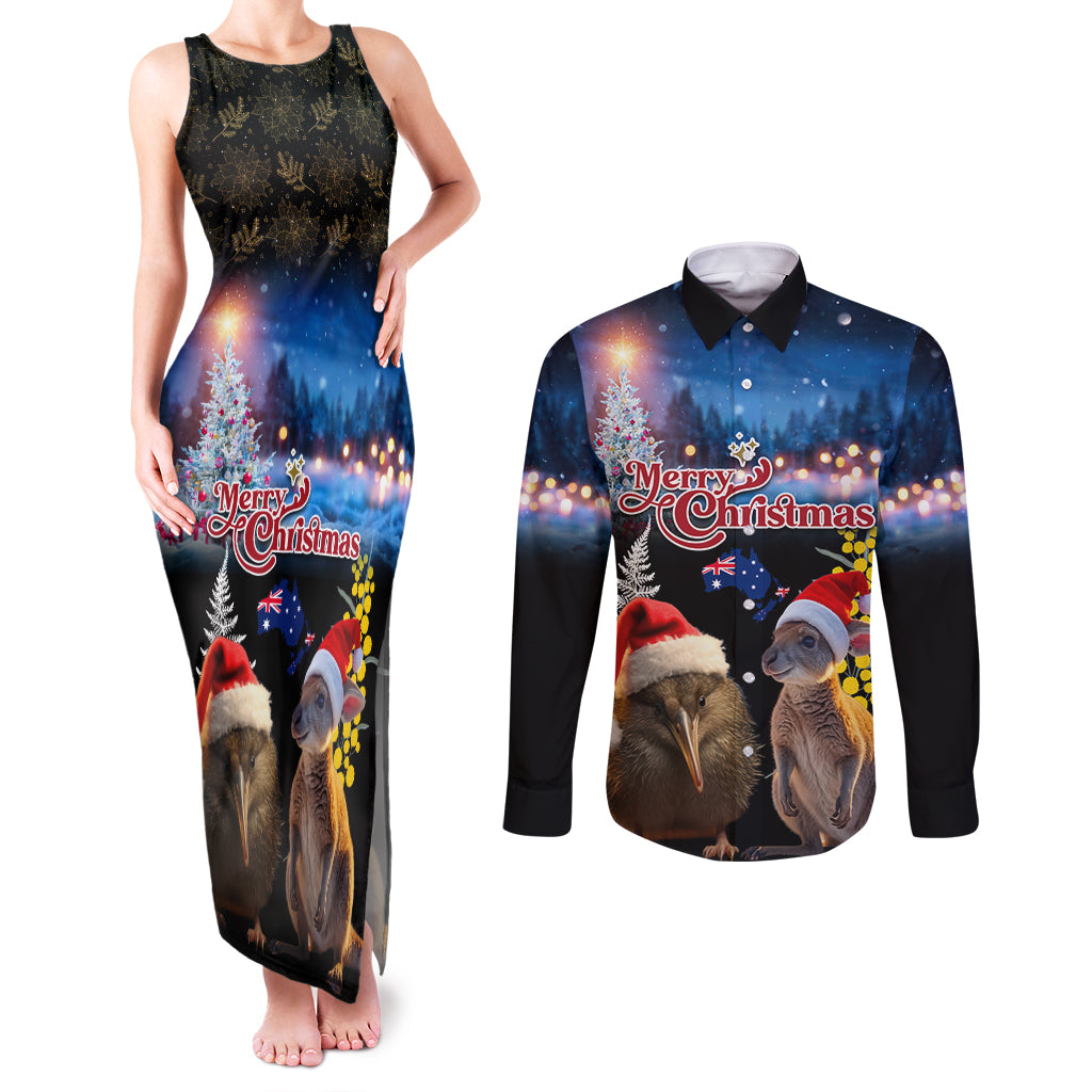 New Zealand and Australia Merry Christmas Couples Matching Tank Maxi Dress and Long Sleeve Button Shirt Kiwi Bird and Kangaroo Xmas Vibe