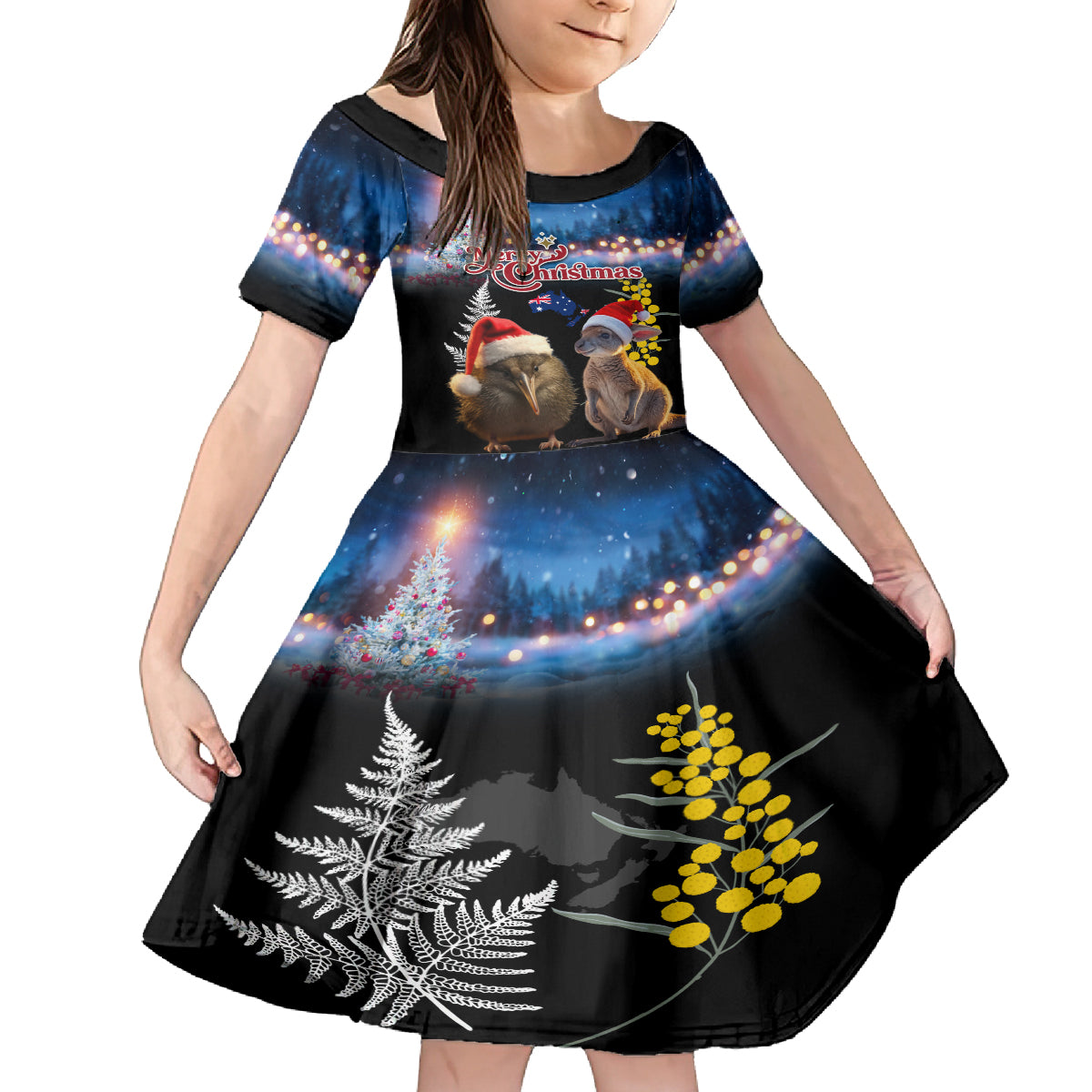 New Zealand and Australia Merry Christmas Family Matching Long Sleeve Bodycon Dress and Hawaiian Shirt Kiwi Bird and Kangaroo Xmas Vibe