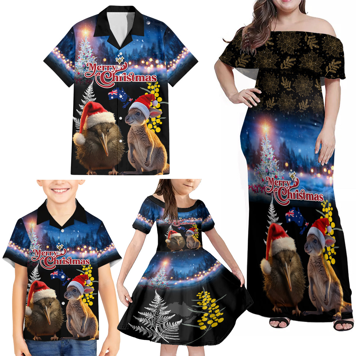 New Zealand and Australia Merry Christmas Family Matching Off Shoulder Maxi Dress and Hawaiian Shirt Kiwi Bird and Kangaroo Xmas Vibe