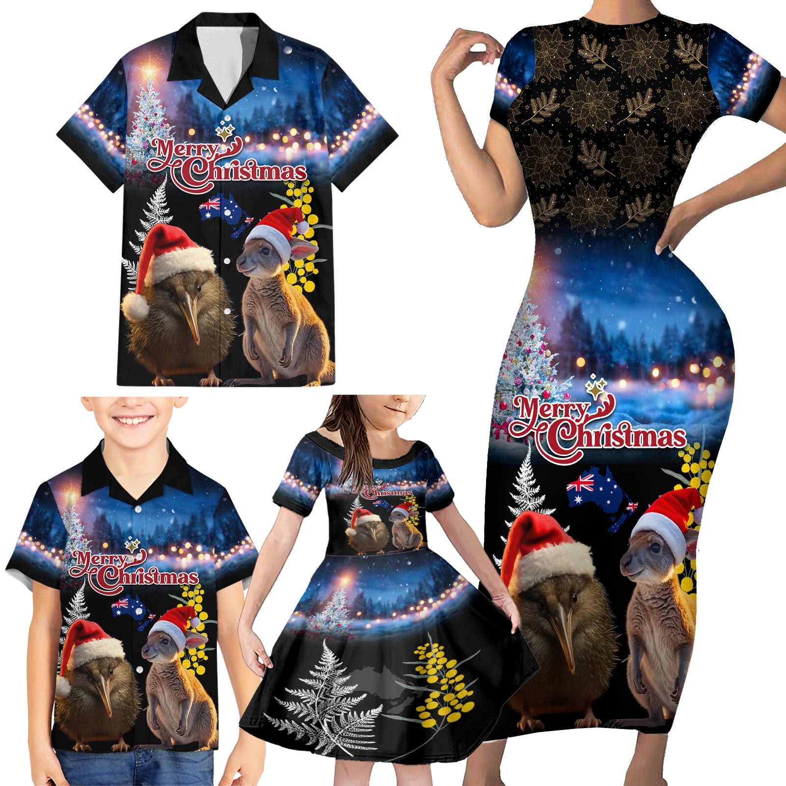 New Zealand and Australia Merry Christmas Family Matching Short Sleeve Bodycon Dress and Hawaiian Shirt Kiwi Bird and Kangaroo Xmas Vibe