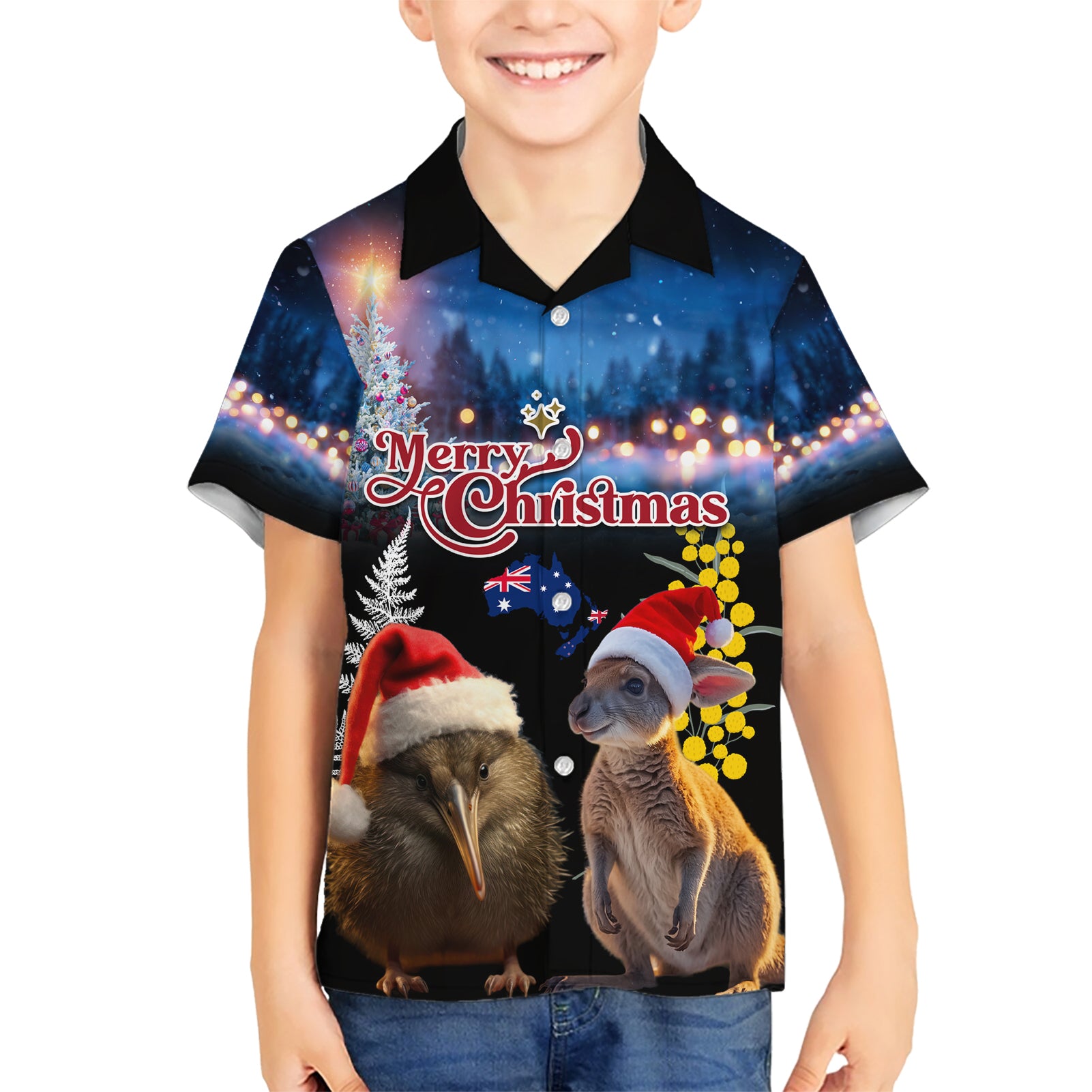 New Zealand and Australia Merry Christmas Kid Hawaiian Shirt Kiwi Bird and Kangaroo Xmas Vibe