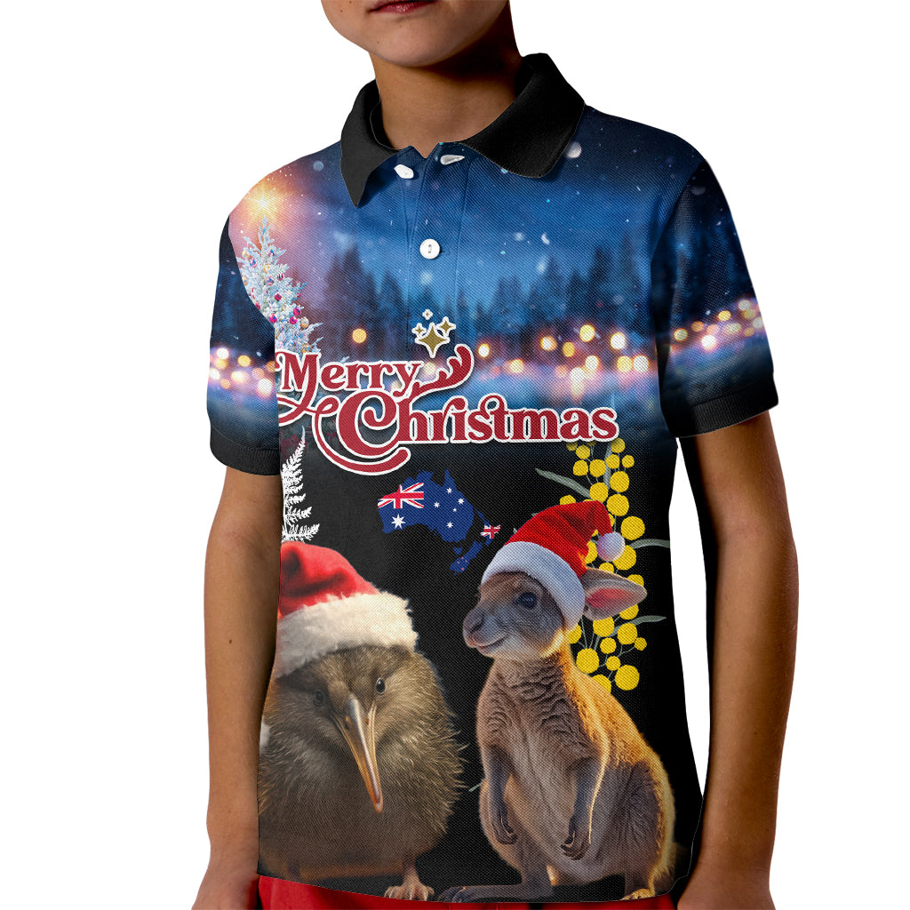 New Zealand and Australia Merry Christmas Kid Polo Shirt Kiwi Bird and Kangaroo Xmas Vibe