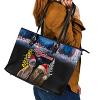 New Zealand and Australia Merry Christmas Leather Tote Bag Kiwi Bird and Kangaroo Xmas Vibe