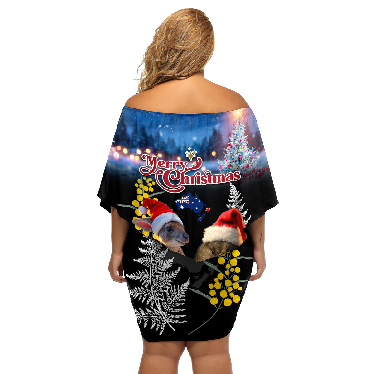New Zealand and Australia Merry Christmas Off Shoulder Short Dress Kiwi Bird and Kangaroo Xmas Vibe